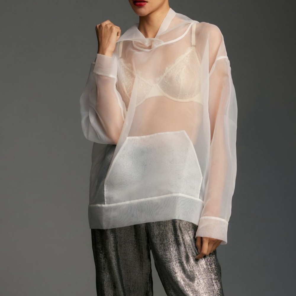 White organza hoodie from Anthropologie ONZ